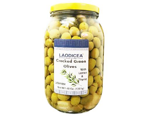Laodicea Green Cracked Olives with Lemon & Thyme, 48 oz.