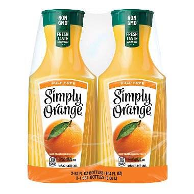 Simply Orange Pulp-Free Orange Juice.  2 Pack x 52 Oz.