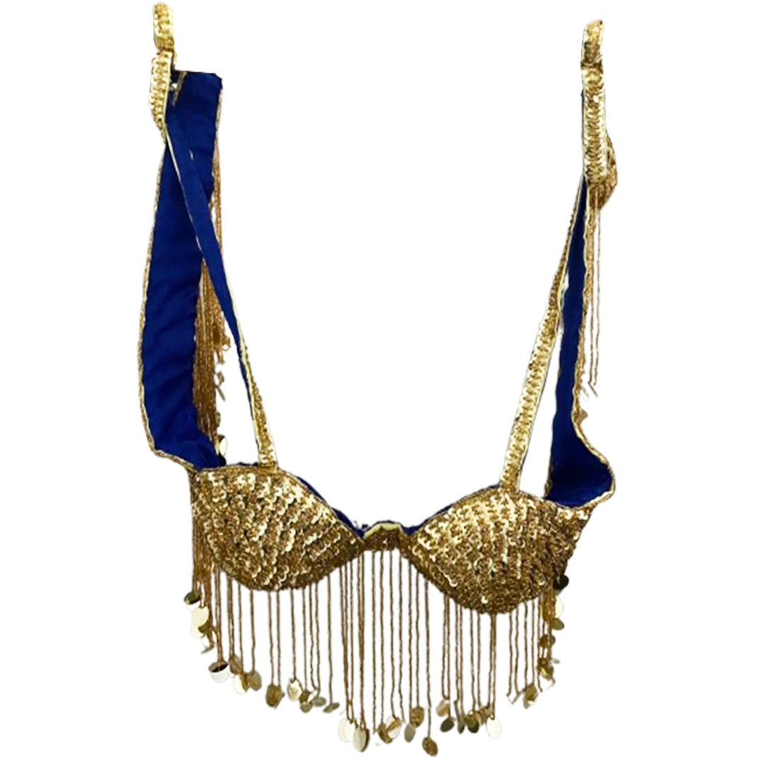Belly Dance Costume for Women (Skirt-Top) Irregular Ruffle Outfit (Dark Blue x Gold)