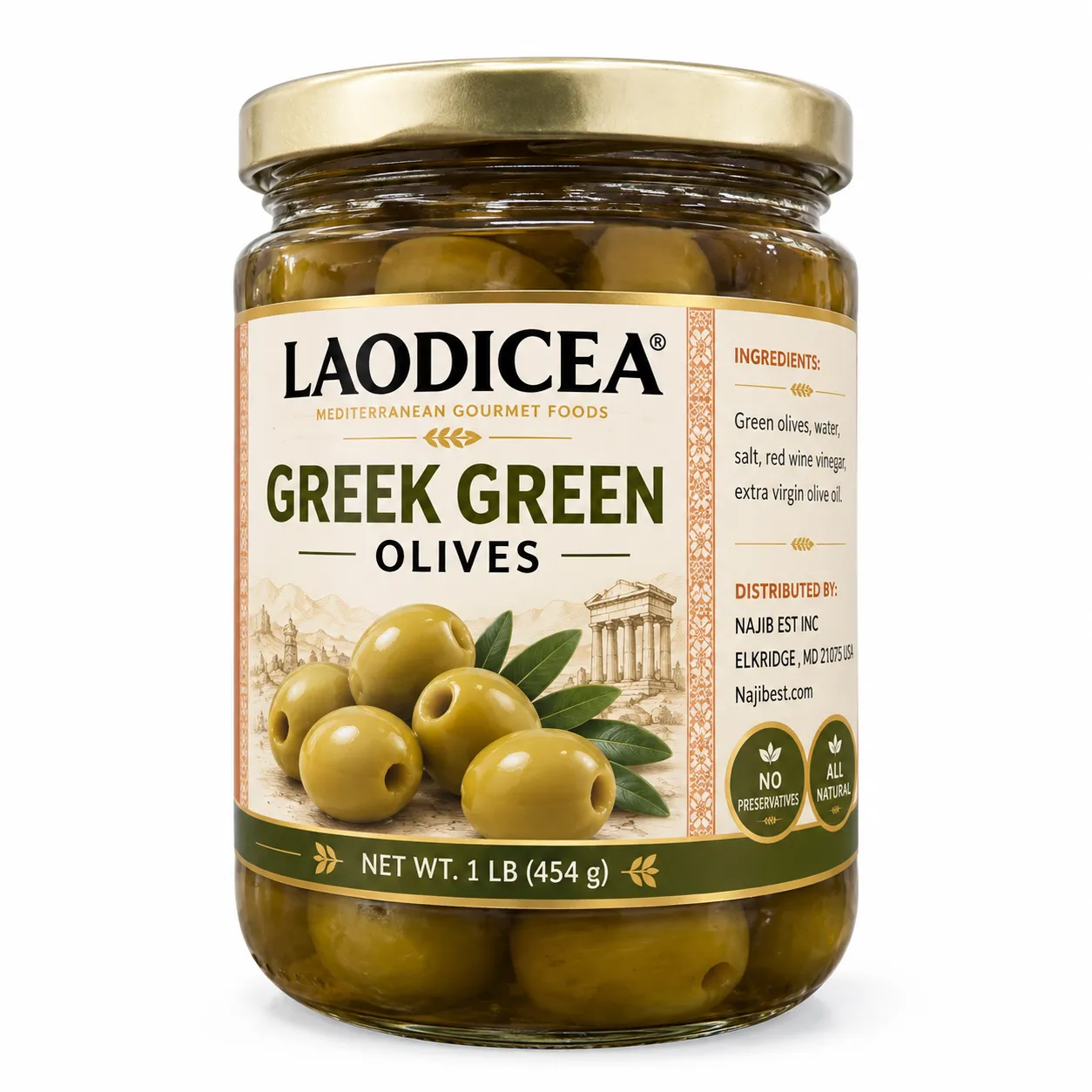 Laodicea Large Greek Green Olives, 1 Lbs. (454g.)