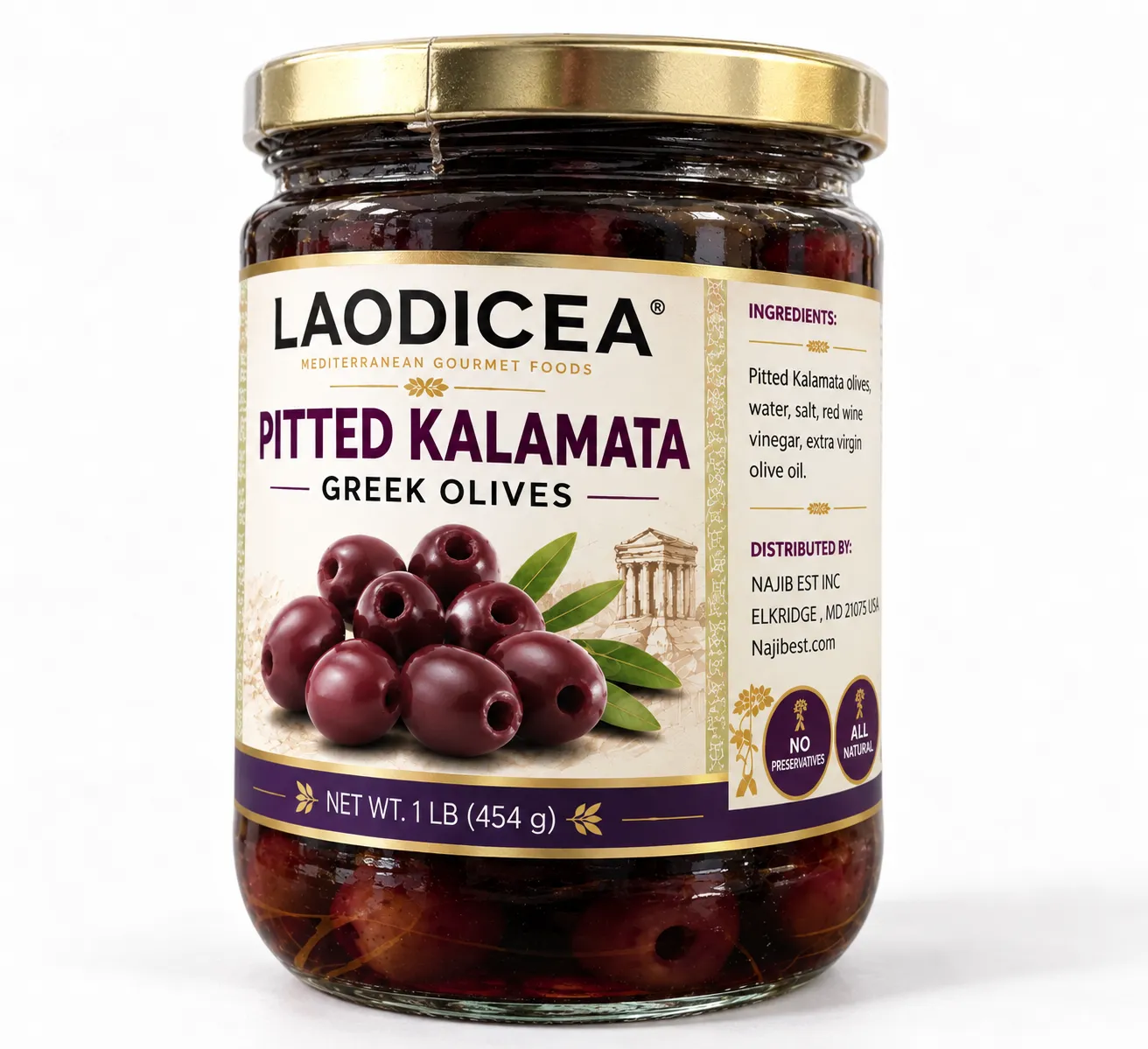 Laodicea Pitted Kalamata Olives, 1 Lbs. (454g.)