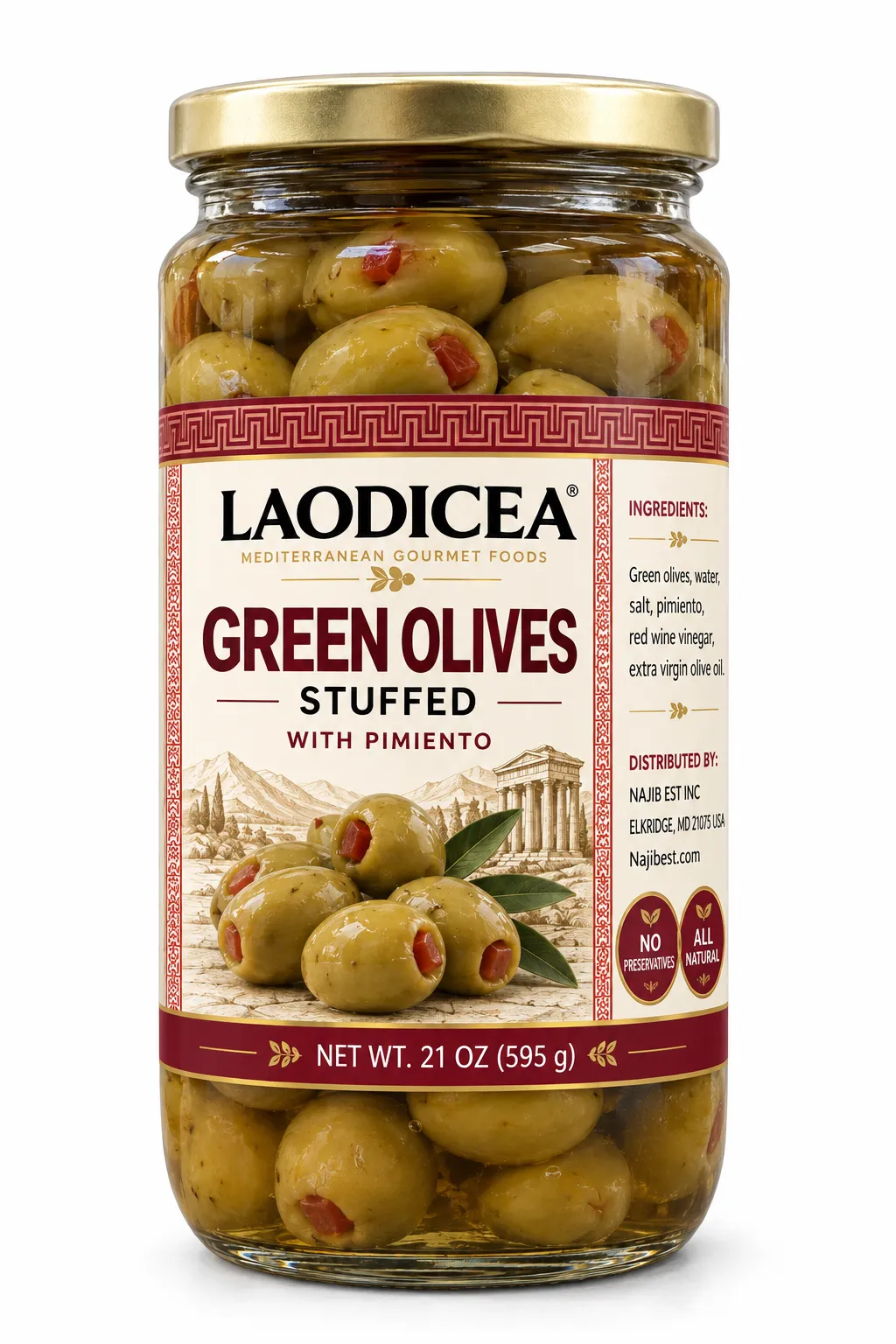 Laodicea Green Olives Stuffed with Pimento, 21 oz.
