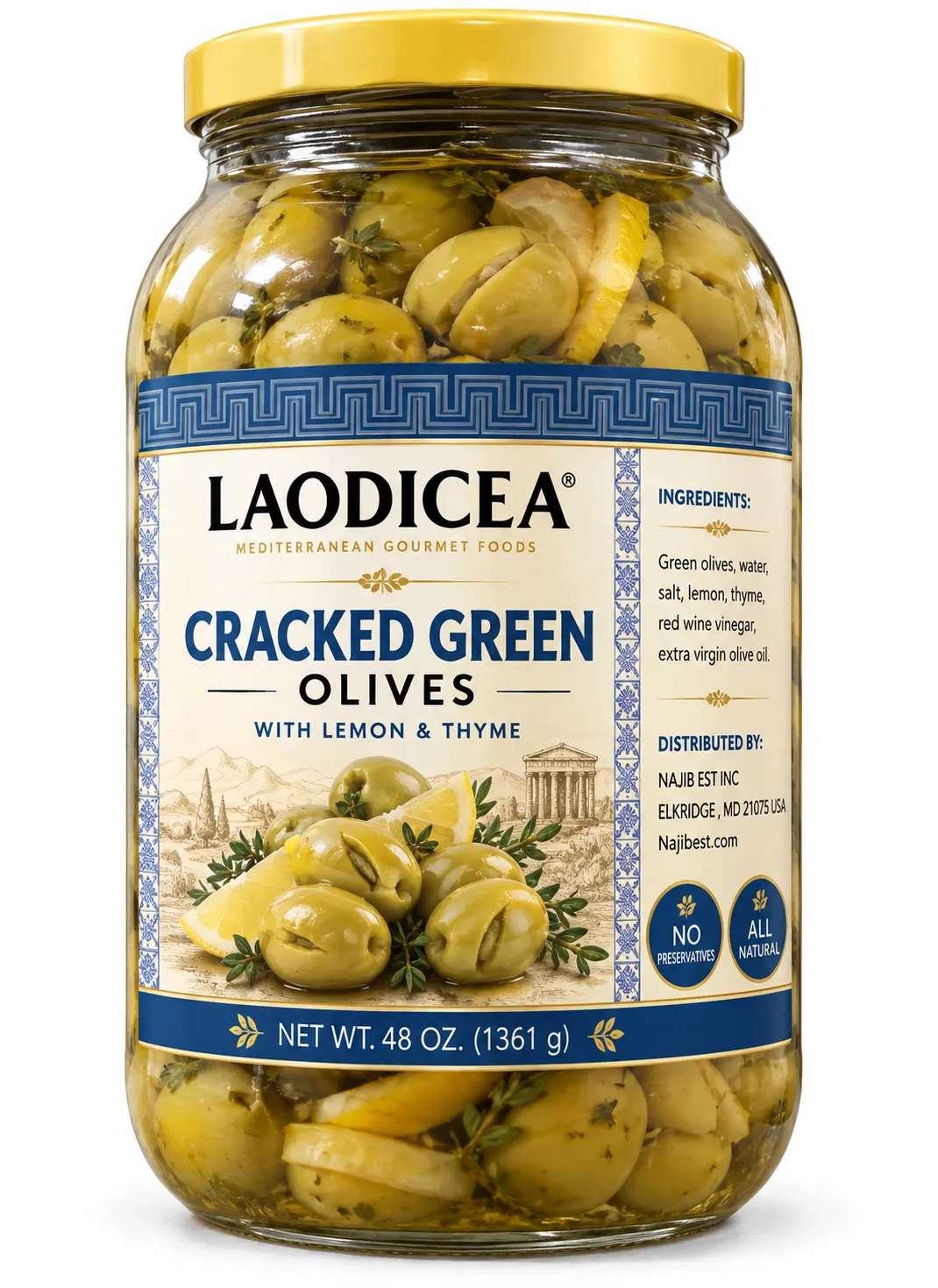 Laodicea Green Cracked Olives with Lemon & Thyme, 48 oz.