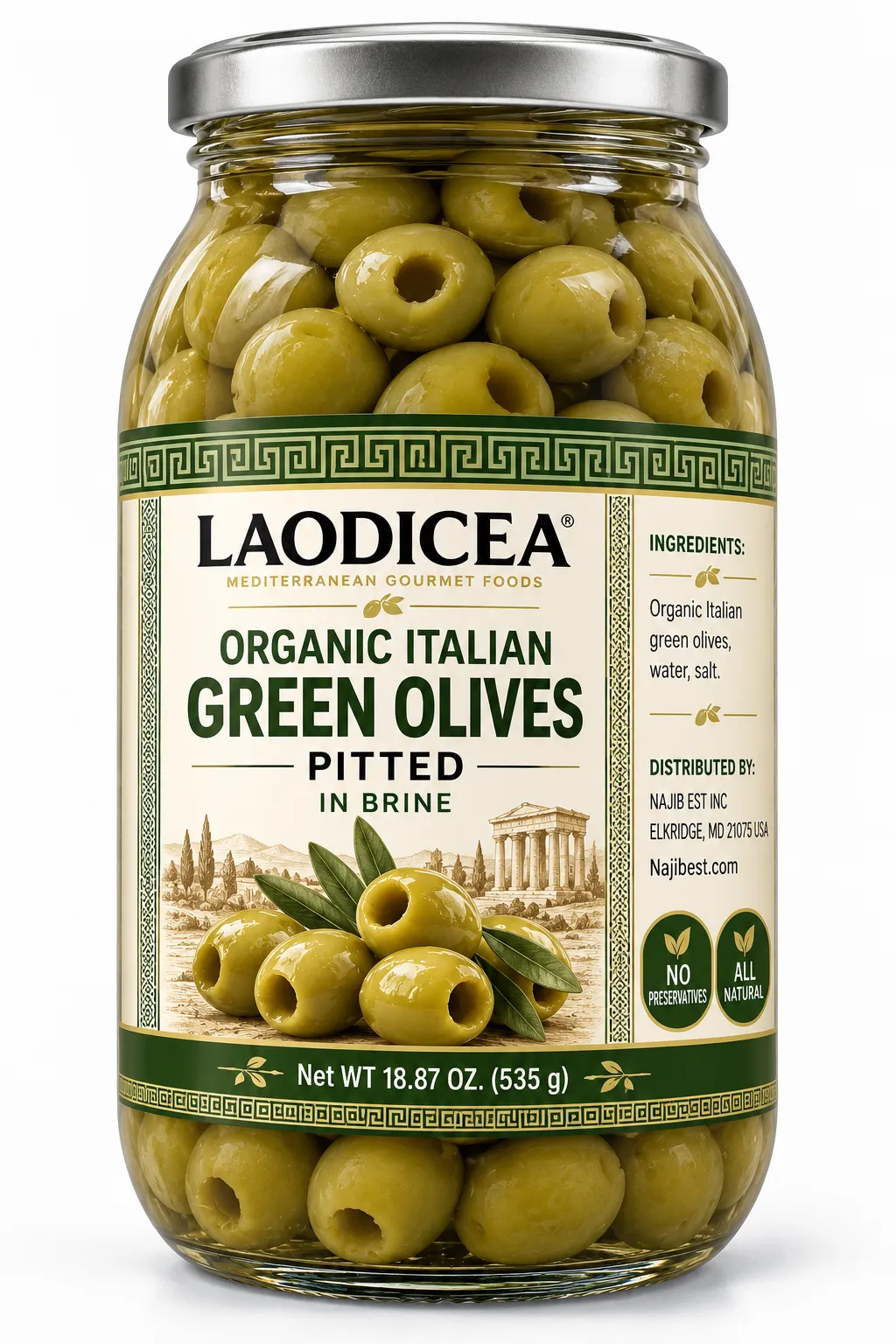 Laodicea Organic Italian Green Olives in Pitted Brine,(535g)