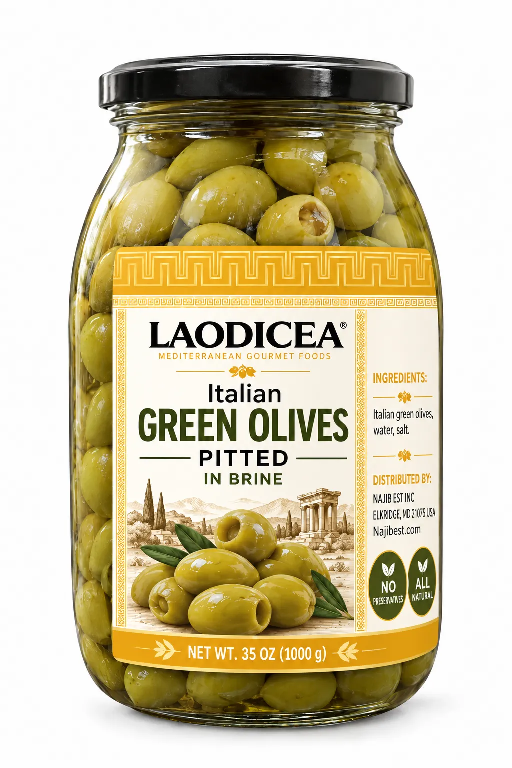 Laodicea Italian Green Olives- Pitted in Brien, 35 Oz.