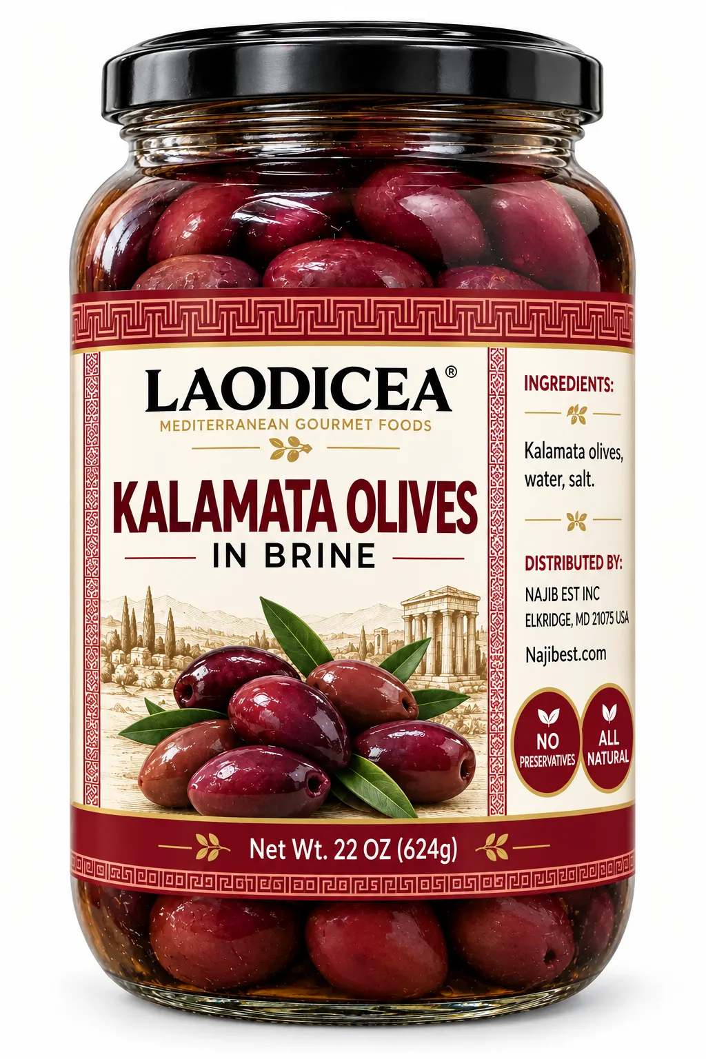 Laodicea Kalamata Olives in Brine, 624g.